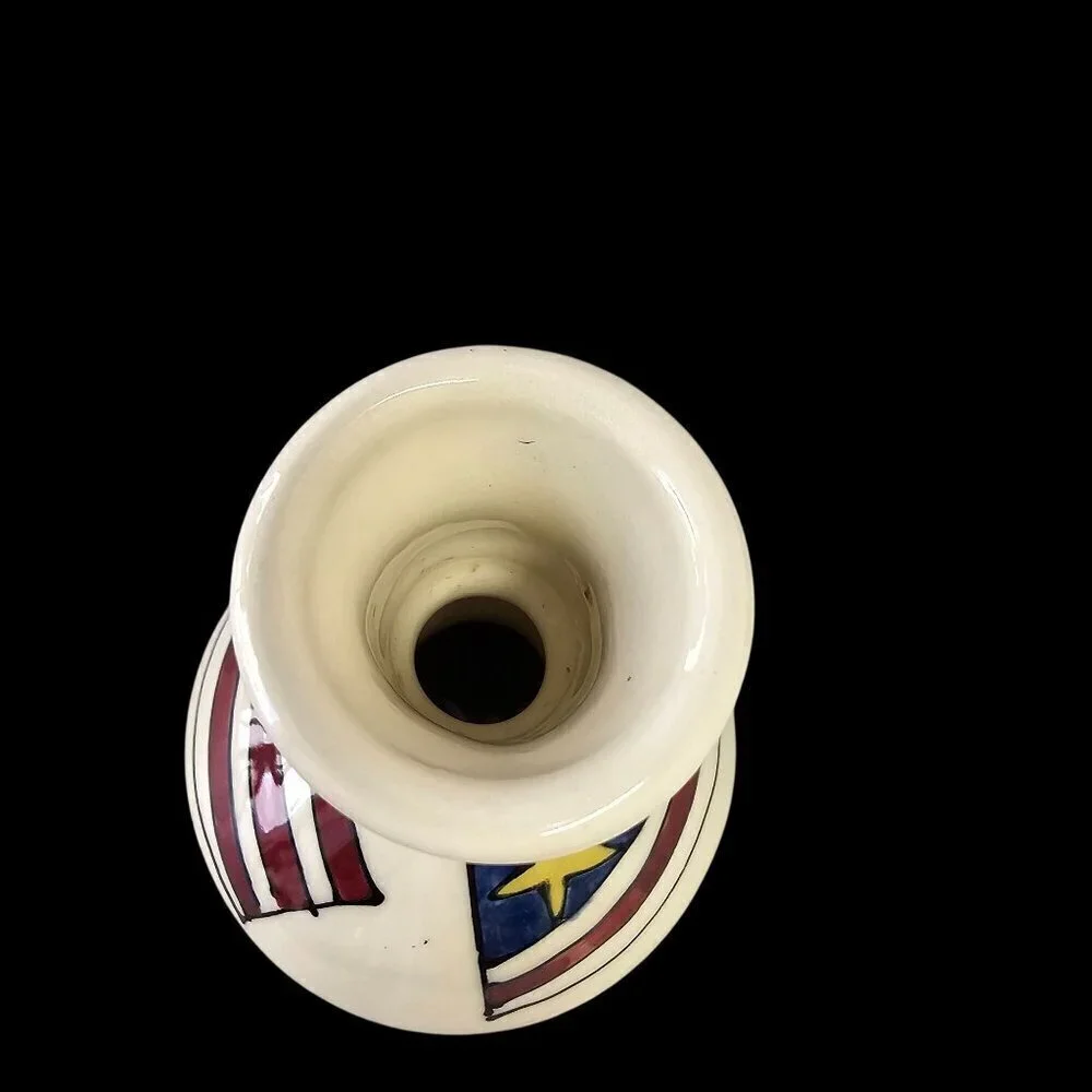 Artist Signed Hand-Painted Ceramic American Flag Candle Holder Vintage